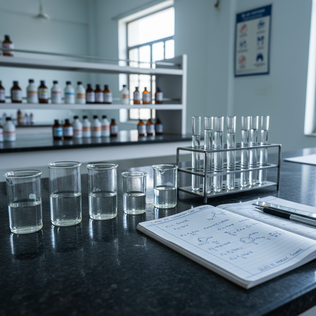 A close-up of a neatly organized science lab bench in a Delhi school, featuring transparent glass beakers, test tubes in a metal rack, and a single, open chemistry notebook filled with carefully handwritten formulas and diagrams. The lab surface is a smooth, dark stone that subtly reflects the glassware. In the softly blurred background, shelves with labeled reagent bottles and a prominently placed safety chart are visible, all without any human presence. Cool, diffused daylight from high windows mixes with soft overhead fluorescent lighting, creating crisp reflections and delicate highlights on the glass. Photographic realism with a clean, balanced composition shot at a slight diagonal, evoking a mood of precision, opportunity, and serious academic ambition for girls pursuing STEM education in Rohini.