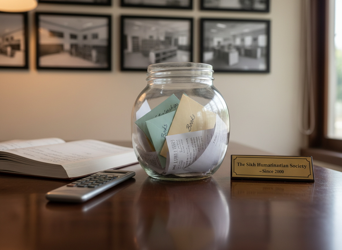 An elegant glass jar filled with crisp, folded donation receipts and labeled envelopes marked “Scholarships,” “Books,” and “STEM Labs,” each in understated pastel tones, resting on a dark walnut counter. Beside the jar lies a slim silver calculator, a neatly aligned ledger book with ruled columns, and a small brass plaque engraved with “The Sikh Humanitarian Society – Since 2000.” In the softly blurred background, framed photographs of school buildings and classrooms are visible without any people. Warm, indirect lighting from a nearby lamp and subtle ambient daylight combine to create a gentle glow on the glass and metal surfaces. Photographic realism, shot from a low, intimate angle with a shallow depth of field, conveys transparency, trust, and the sophisticated stewardship of funds supporting girls’ education in West Delhi.
